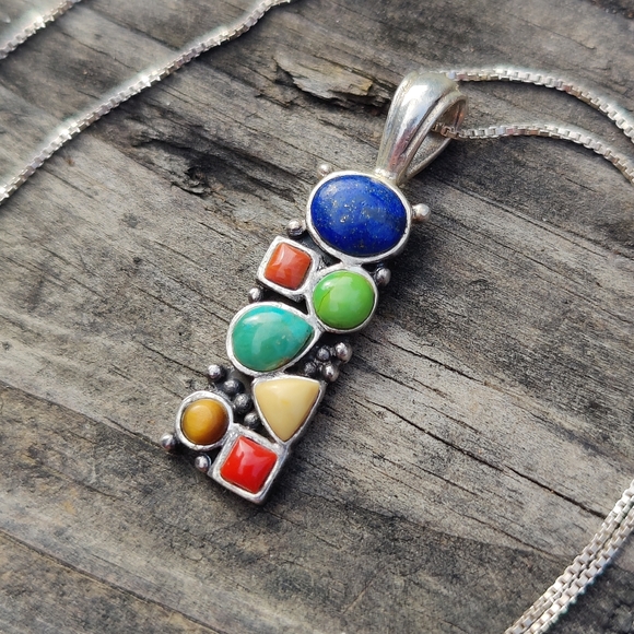 Vintage Sterling Multi Gemstone Pendant Necklace - Picture 4 of 8
